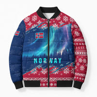 Norway Christmas Bomber Puffer Jacket with Northern Lights Snowflake Pattern and Nordic Forest - Wonder Print Shop