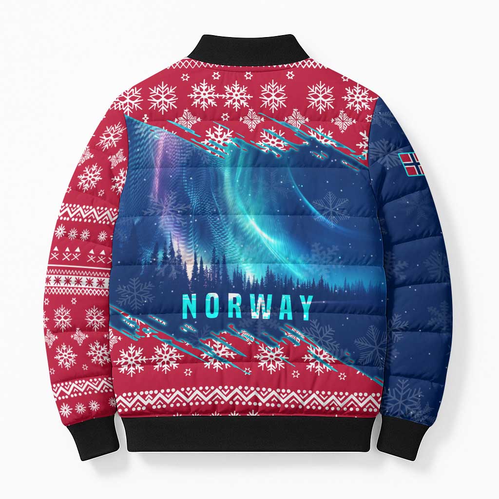 Norway Christmas Bomber Puffer Jacket with Northern Lights Snowflake Pattern and Nordic Forest - Wonder Print Shop