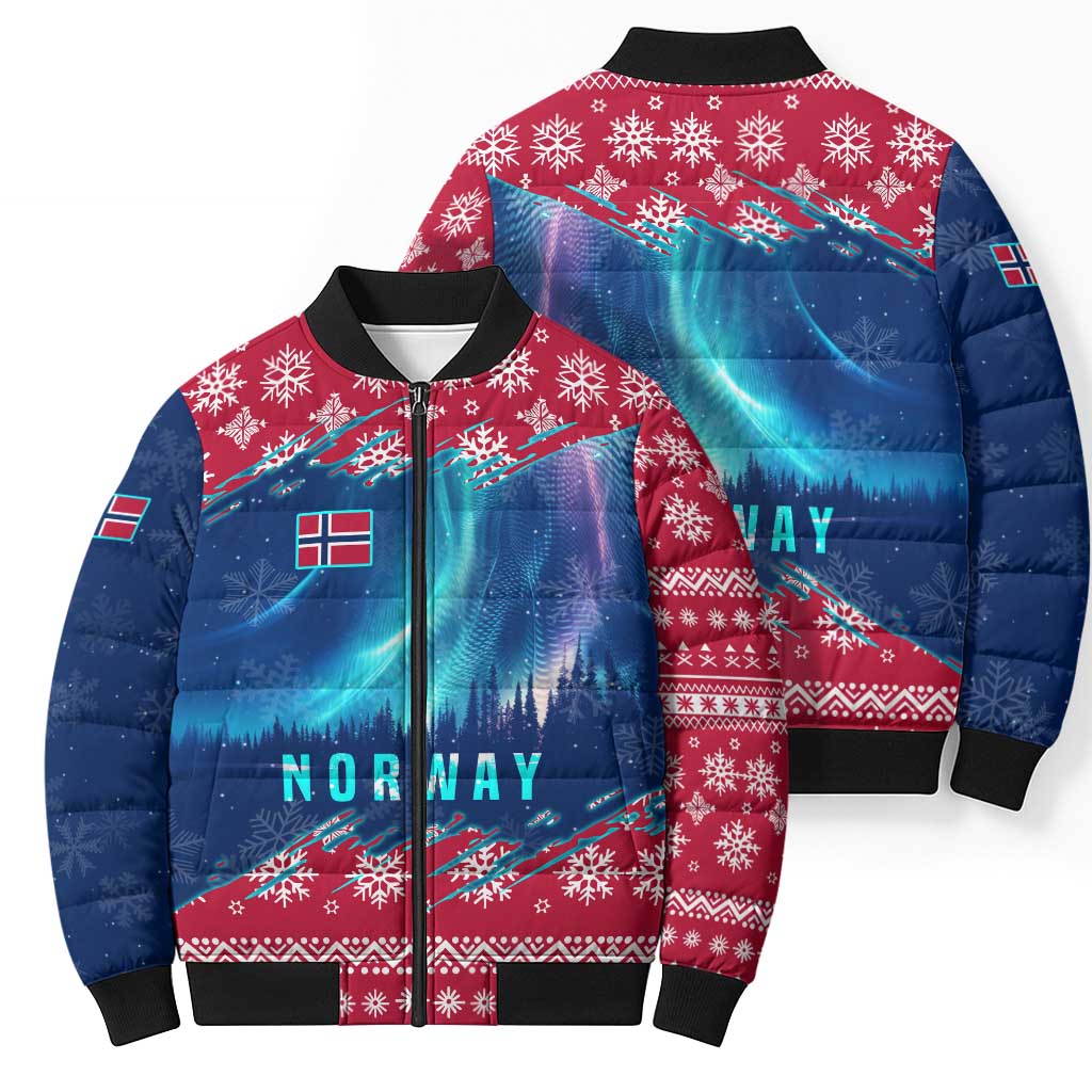 Norway Christmas Bomber Puffer Jacket with Northern Lights Snowflake Pattern and Nordic Forest - Wonder Print Shop