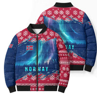 Norway Christmas Bomber Puffer Jacket with Northern Lights Snowflake Pattern and Nordic Forest - Wonder Print Shop