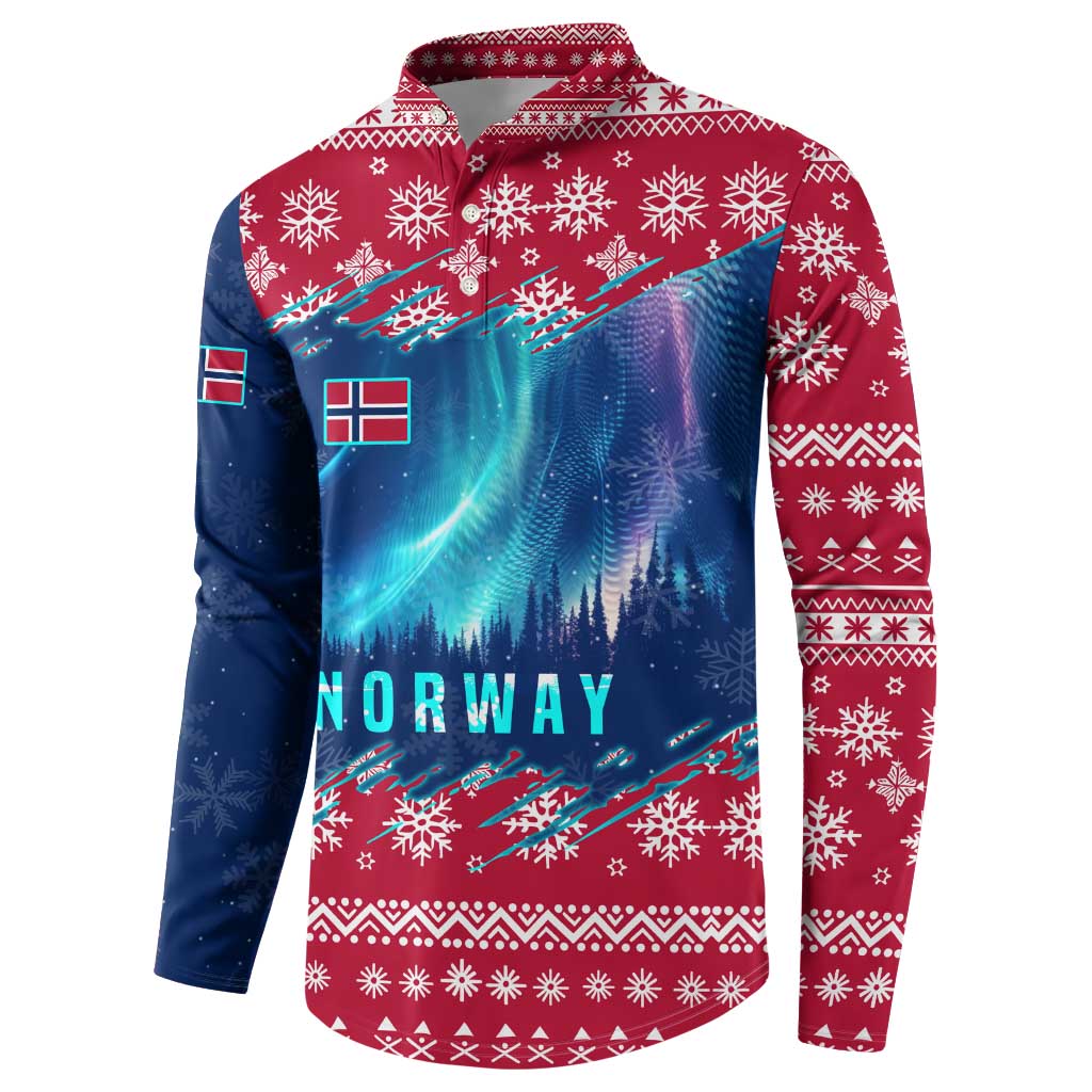 Norway Christmas Button Sweatshirt with Northern Lights Snowflake Pattern and Nordic Forest - Wonder Print Shop