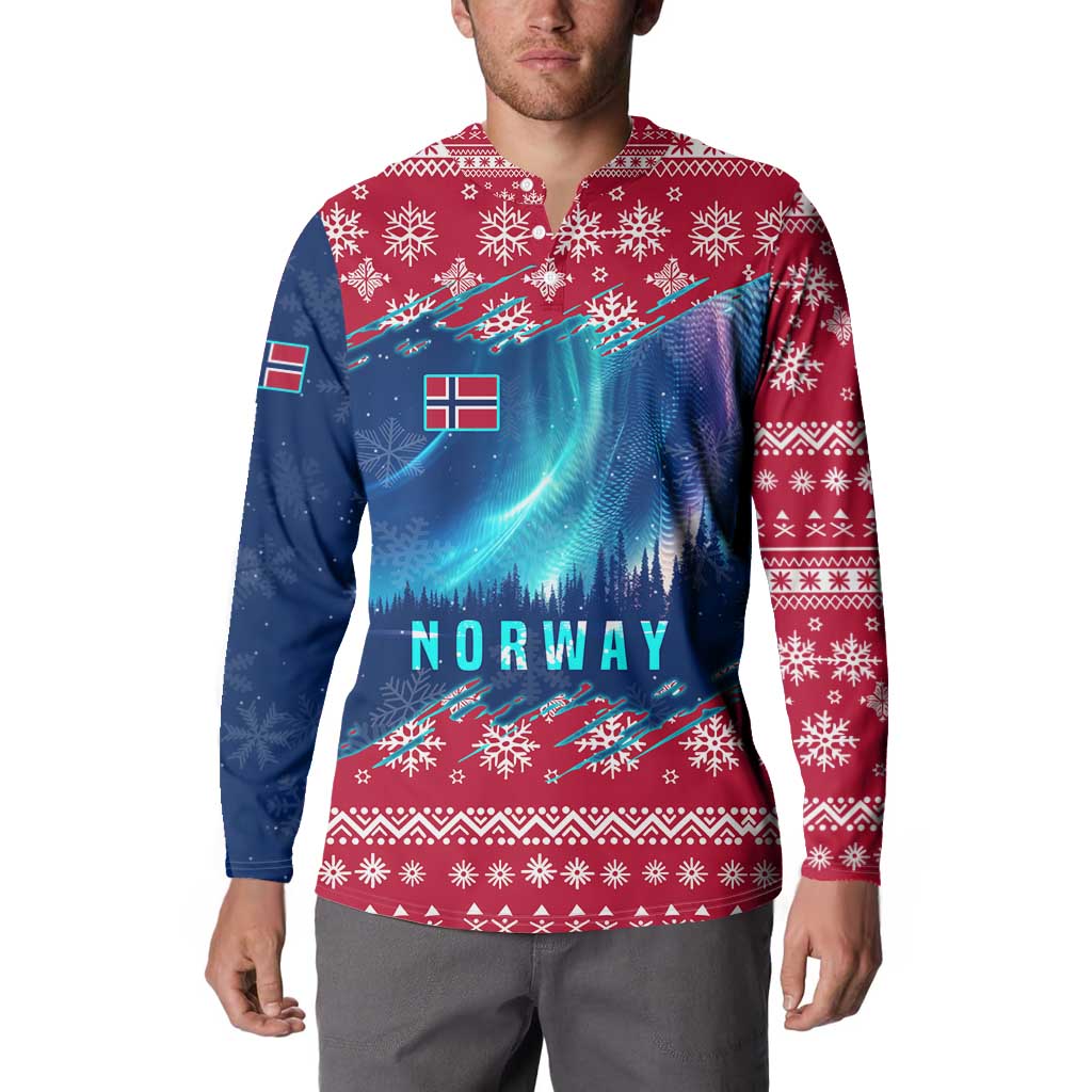 Norway Christmas Button Sweatshirt with Northern Lights Snowflake Pattern and Nordic Forest - Wonder Print Shop
