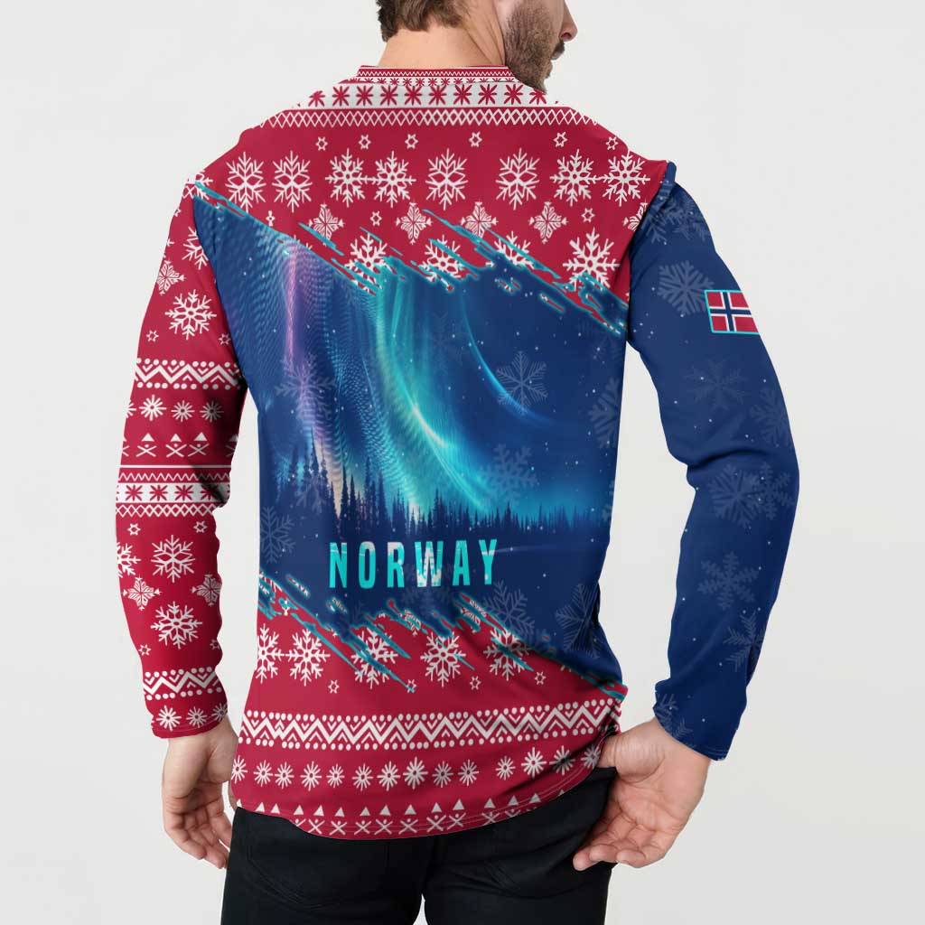 Norway Christmas Button Sweatshirt with Northern Lights Snowflake Pattern and Nordic Forest - Wonder Print Shop
