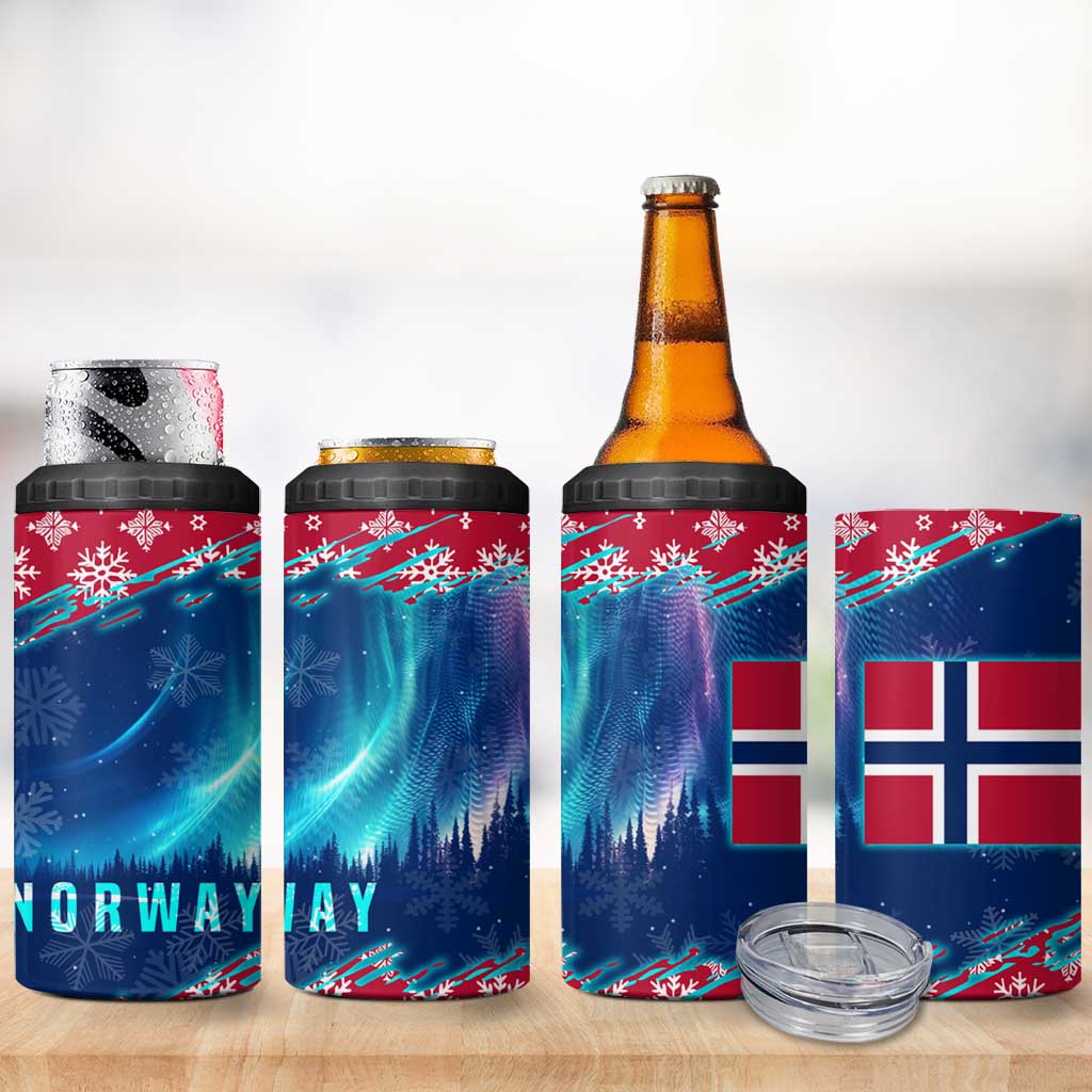 Norway Christmas 4 in 1 Can Cooler Tumbler with Northern Lights Snowflake Pattern and Nordic Forest - Wonder Print Shop