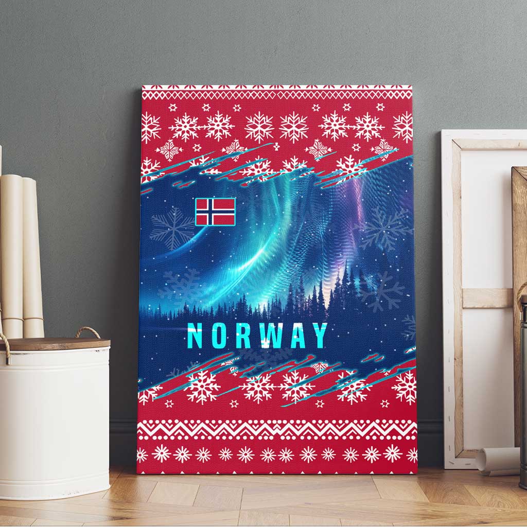 Norway Christmas Canvas Wall Art with Northern Lights Snowflake Pattern and Nordic Forest - Wonder Print Shop