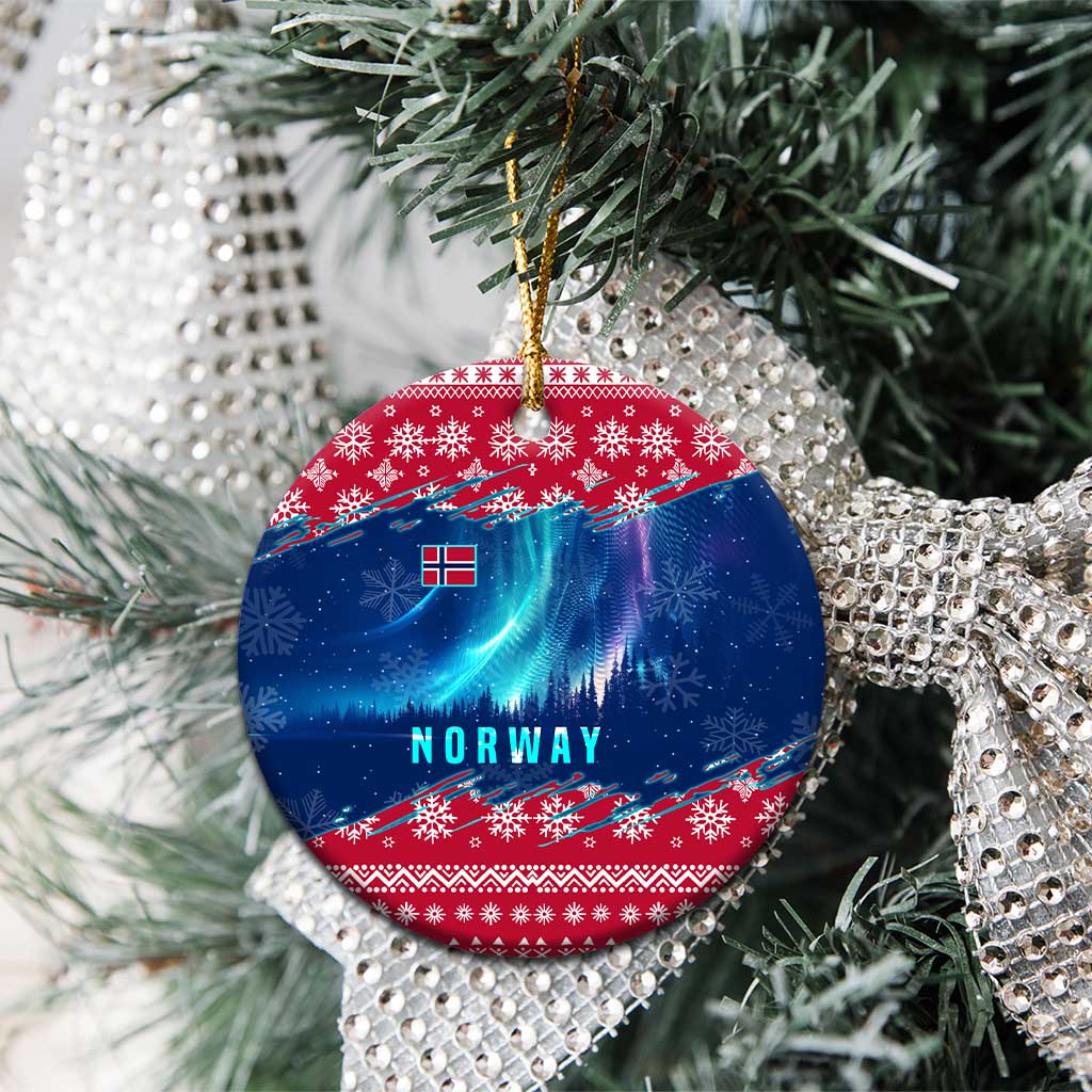 Norway Christmas Ceramic Ornament with Northern Lights Snowflake Pattern and Nordic Forest - Wonder Print Shop