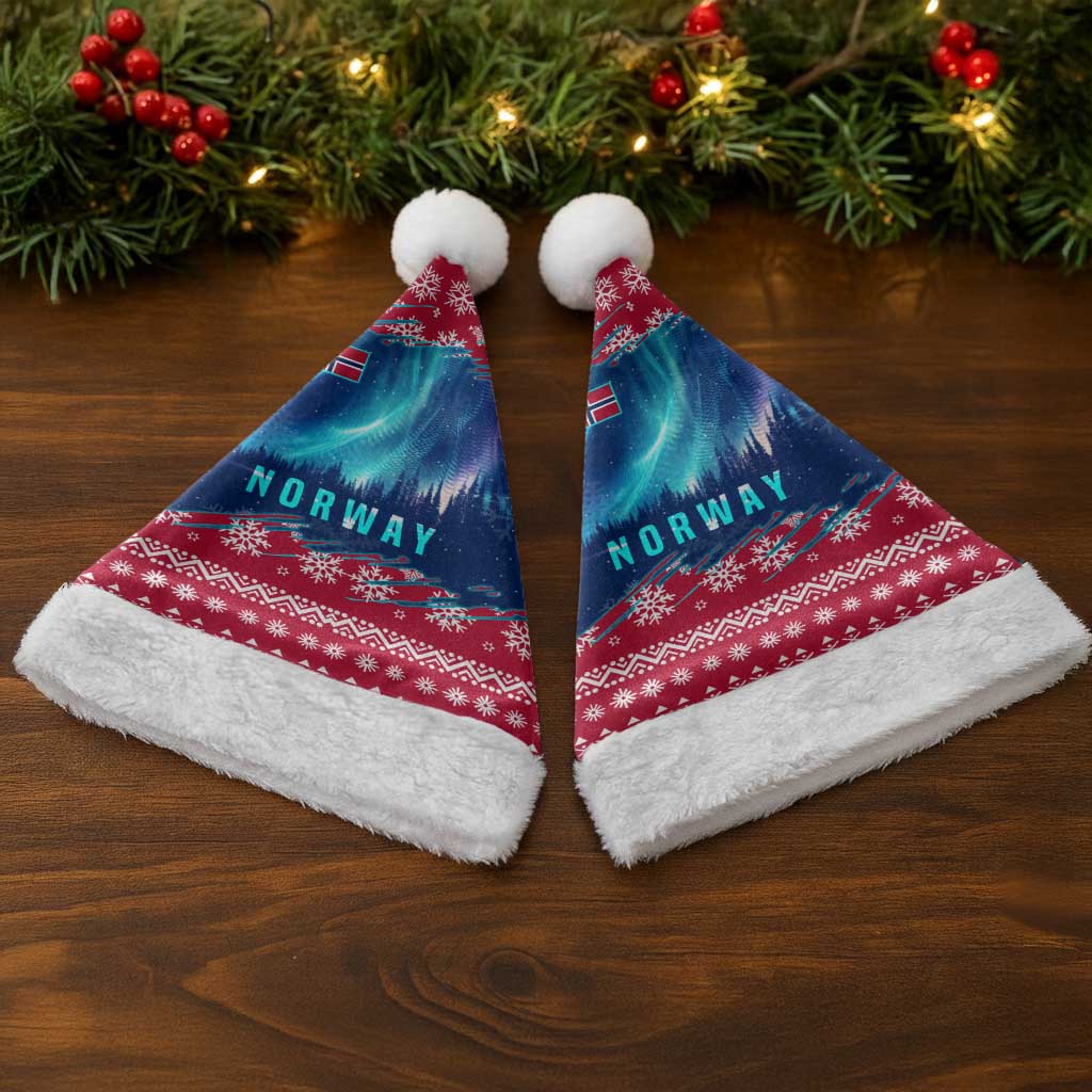 Norway Christmas Santa Hat with Northern Lights Snowflake Pattern and Nordic Forest - Wonder Print Shop