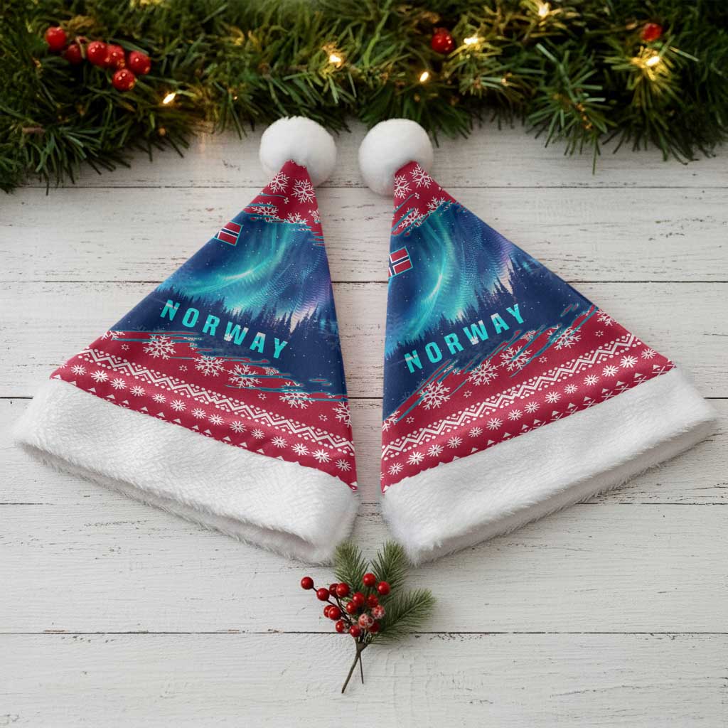 Norway Christmas Santa Hat with Northern Lights Snowflake Pattern and Nordic Forest - Wonder Print Shop