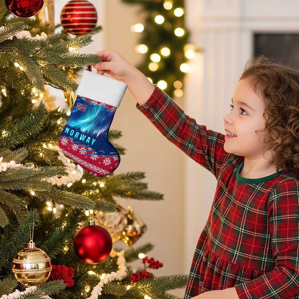 Norway Christmas Stocking with Northern Lights Snowflake Pattern and Nordic Forest - Wonder Print Shop