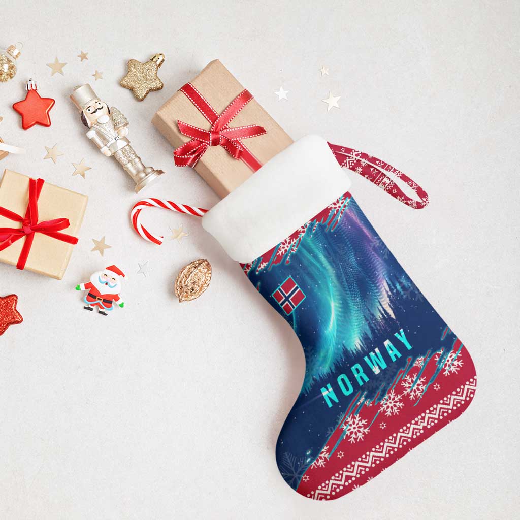 Norway Christmas Stocking with Northern Lights Snowflake Pattern and Nordic Forest - Wonder Print Shop