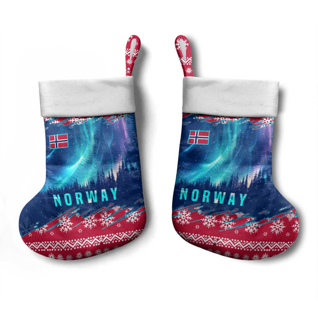Norway Christmas Stocking with Northern Lights Snowflake Pattern and Nordic Forest - Wonder Print Shop