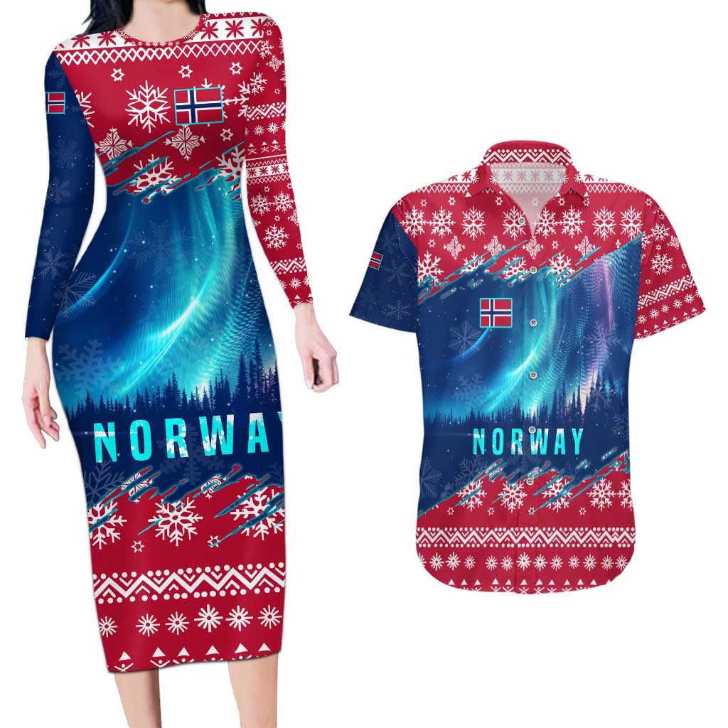 Norway Christmas Couples Matching Long Sleeve Bodycon Dress and Hawaiian Shirt with Northern Lights Snowflake Pattern and Nordic Forest - Wonder Print Shop