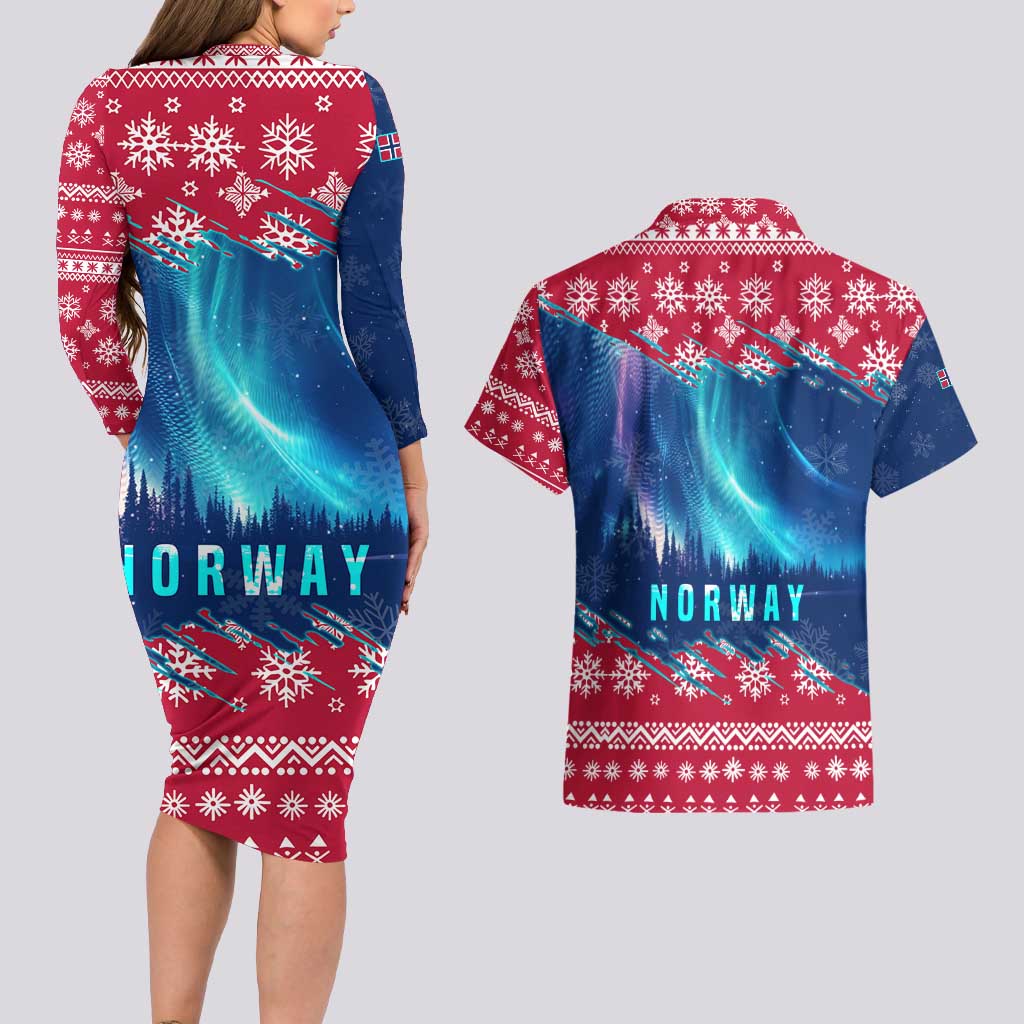 Norway Christmas Couples Matching Long Sleeve Bodycon Dress and Hawaiian Shirt with Northern Lights Snowflake Pattern and Nordic Forest - Wonder Print Shop