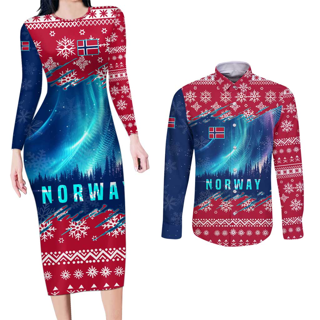 Norway Christmas Couples Matching Long Sleeve Bodycon Dress and Long Sleeve Button Shirt with Northern Lights Snowflake Pattern and Nordic Forest - Wonder Print Shop
