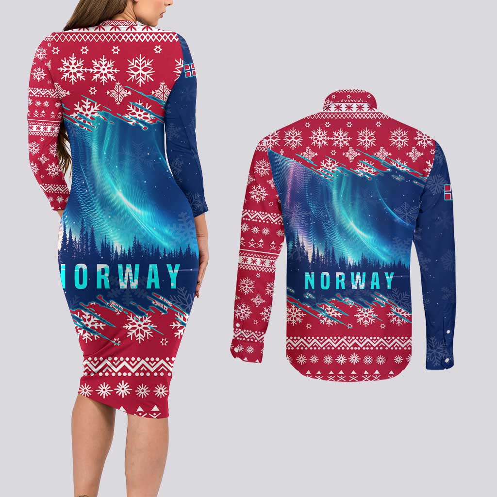 Norway Christmas Couples Matching Long Sleeve Bodycon Dress and Long Sleeve Button Shirt with Northern Lights Snowflake Pattern and Nordic Forest - Wonder Print Shop