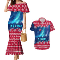 Norway Christmas Couples Matching Mermaid Dress and Hawaiian Shirt with Northern Lights Snowflake Pattern and Nordic Forest - Wonder Print Shop