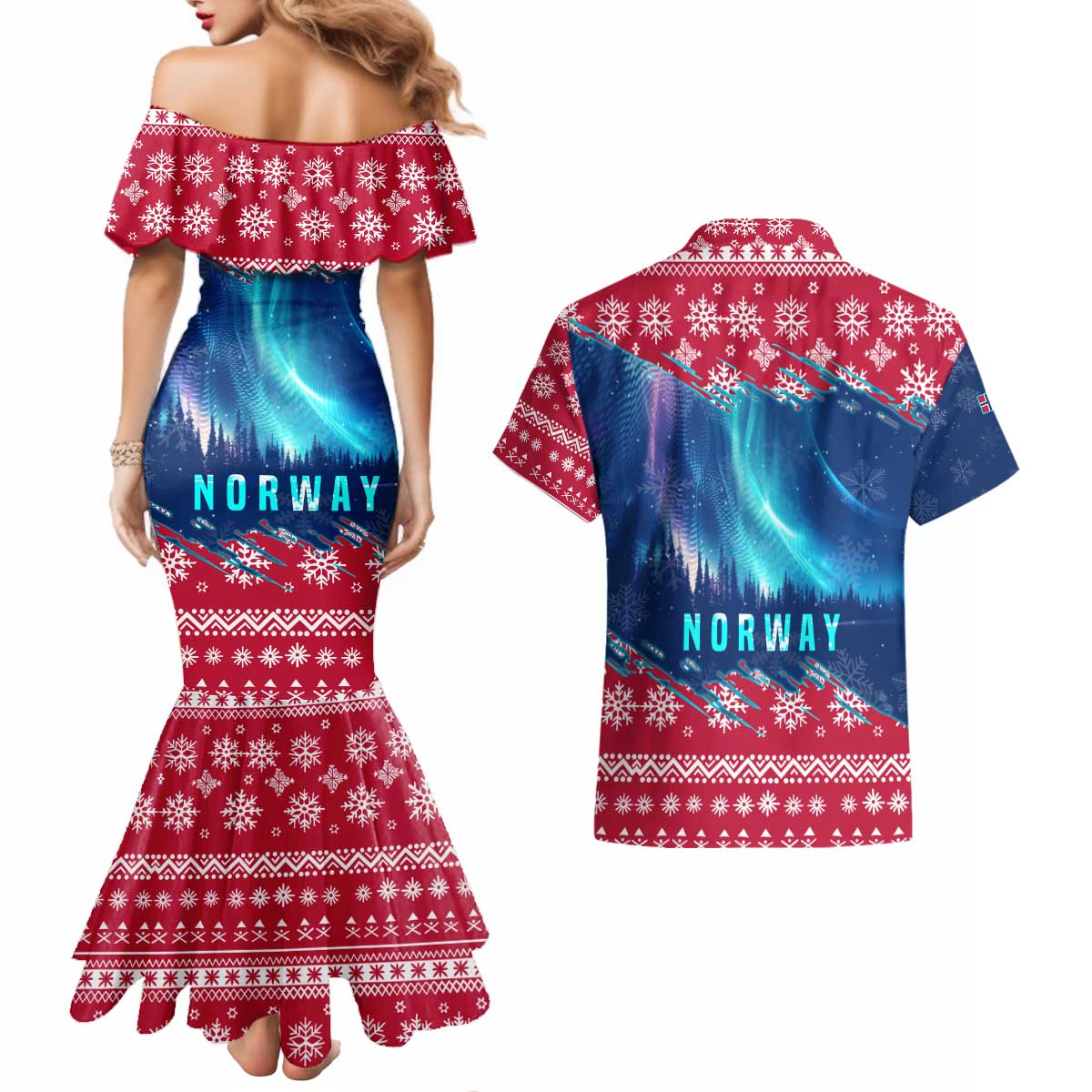 Norway Christmas Couples Matching Mermaid Dress and Hawaiian Shirt with Northern Lights Snowflake Pattern and Nordic Forest - Wonder Print Shop