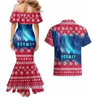 Norway Christmas Couples Matching Mermaid Dress and Hawaiian Shirt with Northern Lights Snowflake Pattern and Nordic Forest - Wonder Print Shop