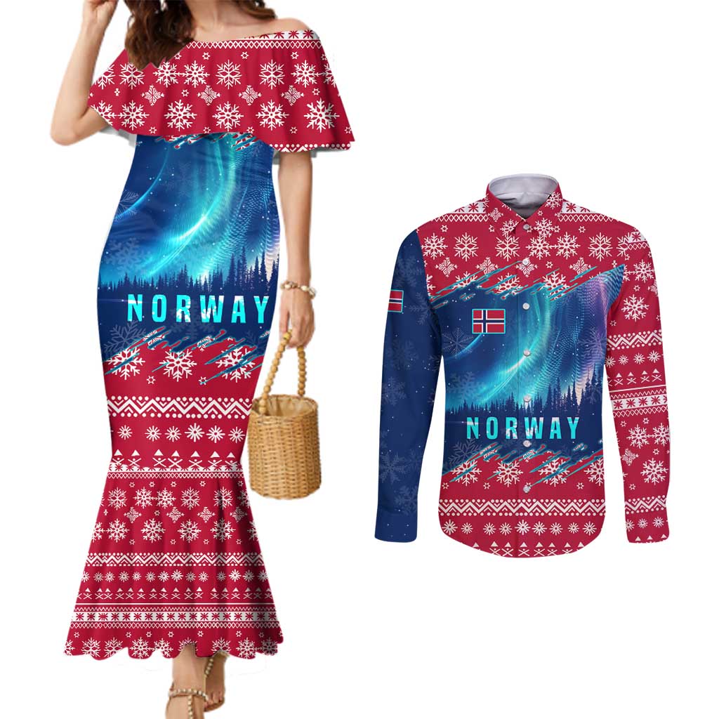Norway Christmas Couples Matching Mermaid Dress and Long Sleeve Button Shirt with Northern Lights Snowflake Pattern and Nordic Forest - Wonder Print Shop