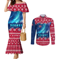 Norway Christmas Couples Matching Mermaid Dress and Long Sleeve Button Shirt with Northern Lights Snowflake Pattern and Nordic Forest - Wonder Print Shop