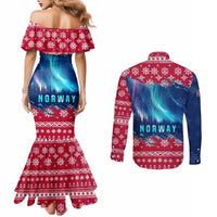 Norway Christmas Couples Matching Mermaid Dress and Long Sleeve Button Shirt with Northern Lights Snowflake Pattern and Nordic Forest - Wonder Print Shop