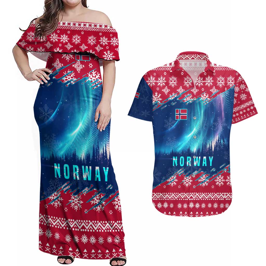 Norway Christmas Couples Matching Off Shoulder Maxi Dress and Hawaiian Shirt with Northern Lights Snowflake Pattern and Nordic Forest - Wonder Print Shop