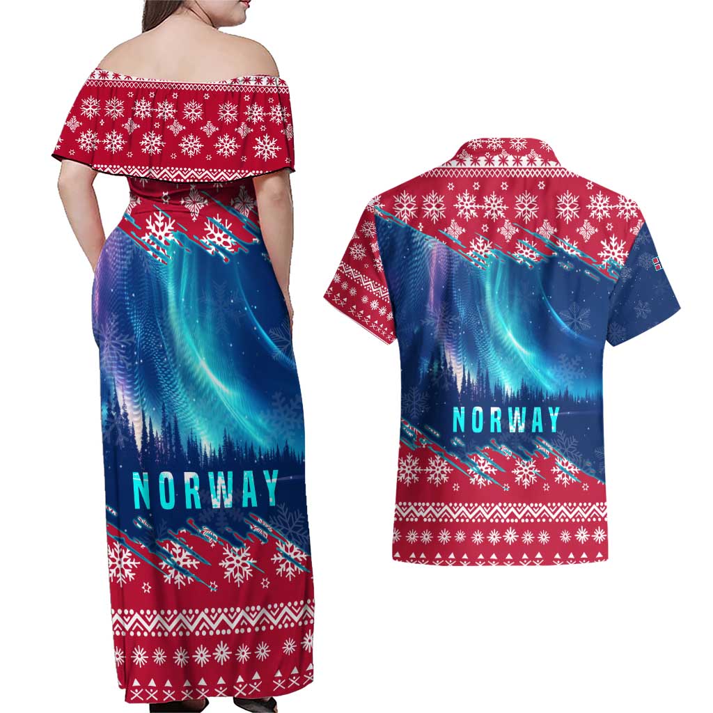 Norway Christmas Couples Matching Off Shoulder Maxi Dress and Hawaiian Shirt with Northern Lights Snowflake Pattern and Nordic Forest - Wonder Print Shop