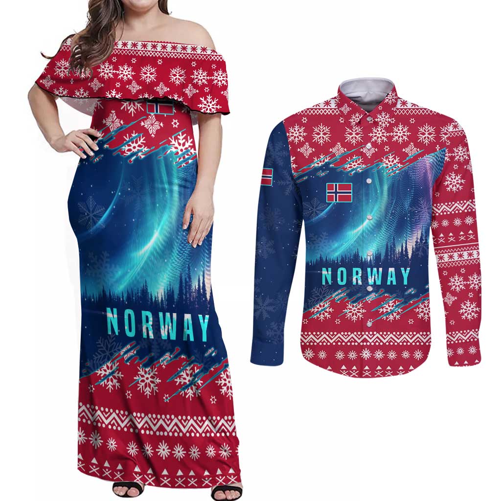 Norway Christmas Couples Matching Off Shoulder Maxi Dress and Long Sleeve Button Shirt with Northern Lights Snowflake Pattern and Nordic Forest - Wonder Print Shop