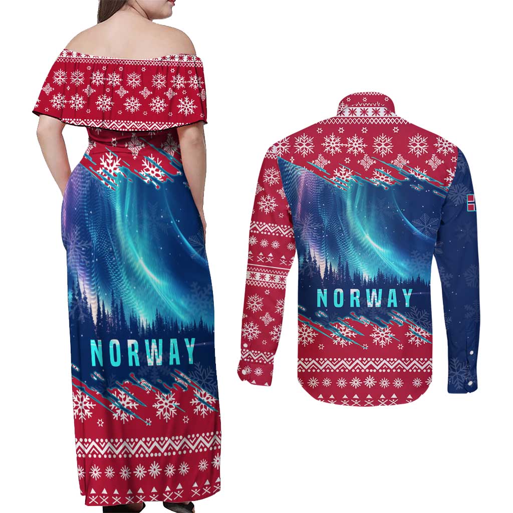 Norway Christmas Couples Matching Off Shoulder Maxi Dress and Long Sleeve Button Shirt with Northern Lights Snowflake Pattern and Nordic Forest - Wonder Print Shop