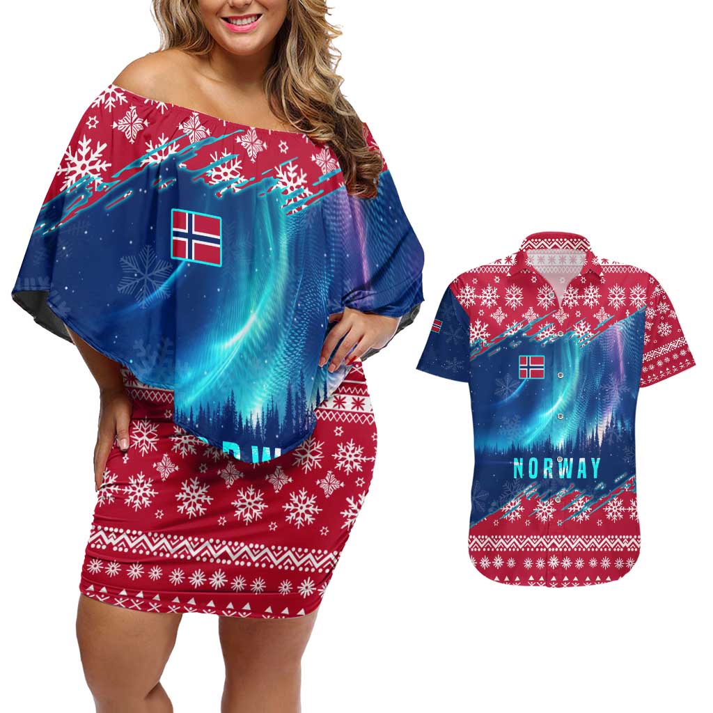 Norway Christmas Couples Matching Off Shoulder Short Dress and Hawaiian Shirt with Northern Lights Snowflake Pattern and Nordic Forest - Wonder Print Shop