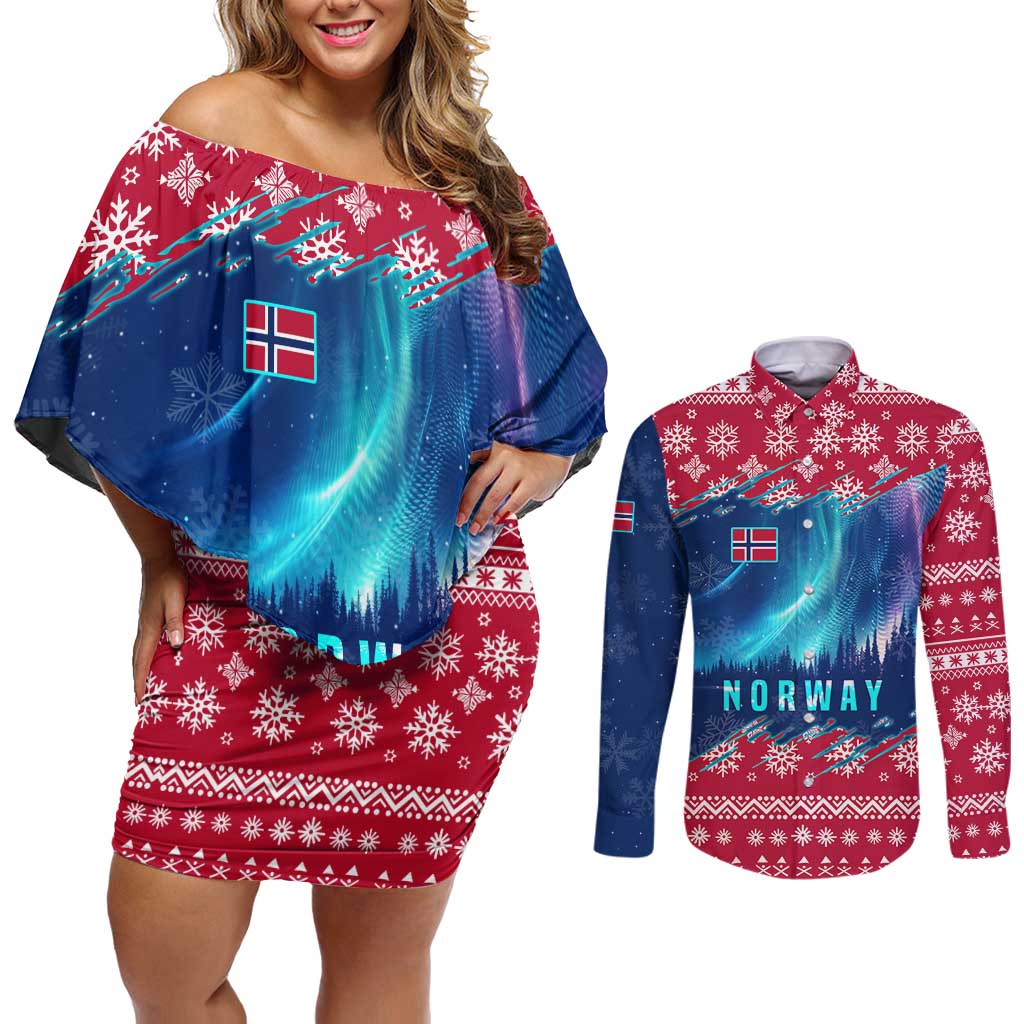 Norway Christmas Couples Matching Off Shoulder Short Dress and Long Sleeve Button Shirt with Northern Lights Snowflake Pattern and Nordic Forest - Wonder Print Shop