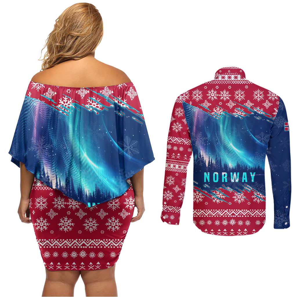 Norway Christmas Couples Matching Off Shoulder Short Dress and Long Sleeve Button Shirt with Northern Lights Snowflake Pattern and Nordic Forest - Wonder Print Shop