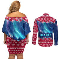 Norway Christmas Couples Matching Off Shoulder Short Dress and Long Sleeve Button Shirt with Northern Lights Snowflake Pattern and Nordic Forest - Wonder Print Shop