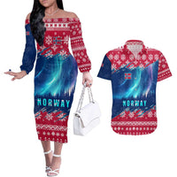 Norway Christmas Couples Matching Off The Shoulder Long Sleeve Dress and Hawaiian Shirt with Northern Lights Snowflake Pattern and Nordic Forest - Wonder Print Shop