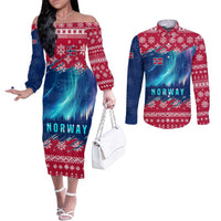 Norway Christmas Couples Matching Off The Shoulder Long Sleeve Dress and Long Sleeve Button Shirt with Northern Lights Snowflake Pattern and Nordic Forest - Wonder Print Shop