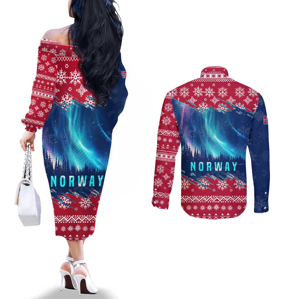 Norway Christmas Couples Matching Off The Shoulder Long Sleeve Dress and Long Sleeve Button Shirt with Northern Lights Snowflake Pattern and Nordic Forest - Wonder Print Shop