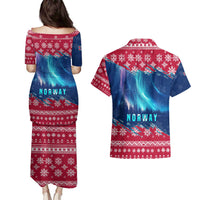 Norway Christmas Couples Matching Puletasi and Hawaiian Shirt with Northern Lights Snowflake Pattern and Nordic Forest - Wonder Print Shop