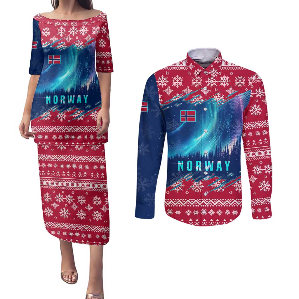 Norway Christmas Couples Matching Puletasi and Long Sleeve Button Shirt with Northern Lights Snowflake Pattern and Nordic Forest - Wonder Print Shop