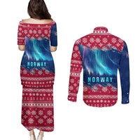 Norway Christmas Couples Matching Puletasi and Long Sleeve Button Shirt with Northern Lights Snowflake Pattern and Nordic Forest - Wonder Print Shop