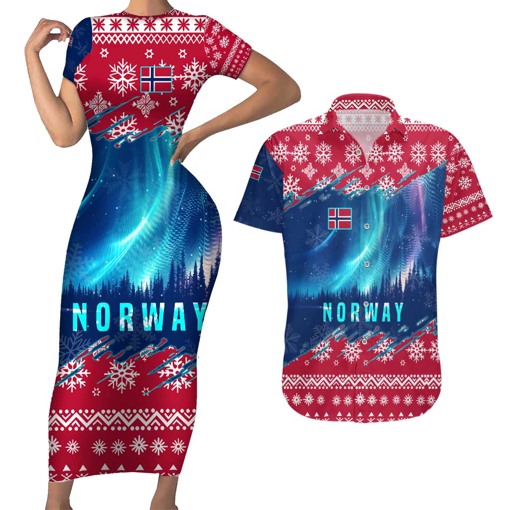 Norway Christmas Couples Matching Short Sleeve Bodycon Dress and Hawaiian Shirt with Northern Lights Snowflake Pattern and Nordic Forest - Wonder Print Shop