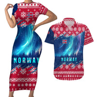 Norway Christmas Couples Matching Short Sleeve Bodycon Dress and Hawaiian Shirt with Northern Lights Snowflake Pattern and Nordic Forest - Wonder Print Shop