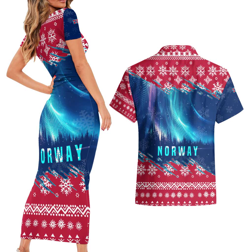 Norway Christmas Couples Matching Short Sleeve Bodycon Dress and Hawaiian Shirt with Northern Lights Snowflake Pattern and Nordic Forest - Wonder Print Shop