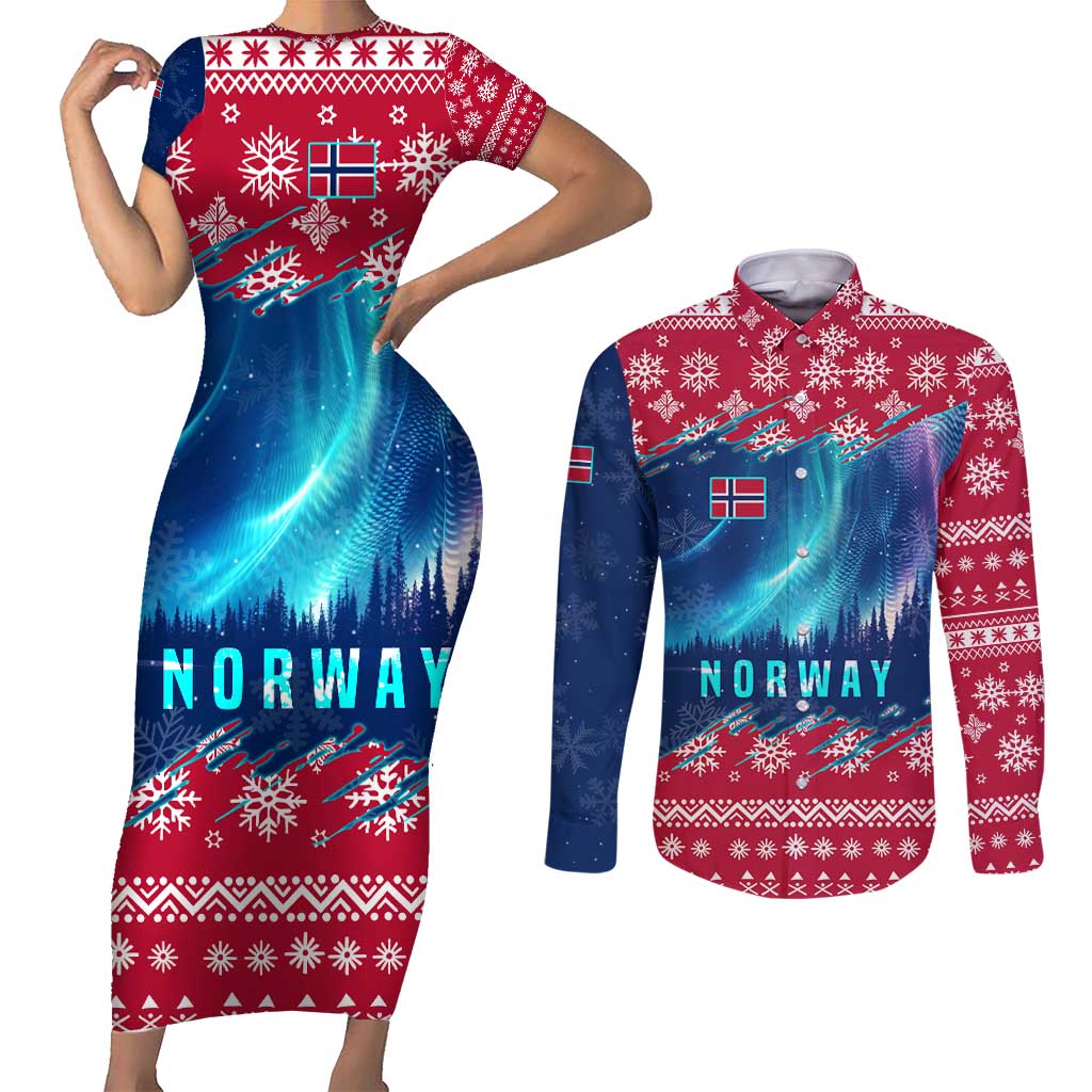 Norway Christmas Couples Matching Short Sleeve Bodycon Dress and Long Sleeve Button Shirt with Northern Lights Snowflake Pattern and Nordic Forest - Wonder Print Shop