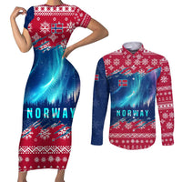 Norway Christmas Couples Matching Short Sleeve Bodycon Dress and Long Sleeve Button Shirt with Northern Lights Snowflake Pattern and Nordic Forest - Wonder Print Shop