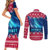 Norway Christmas Couples Matching Short Sleeve Bodycon Dress and Long Sleeve Button Shirt with Northern Lights Snowflake Pattern and Nordic Forest - Wonder Print Shop