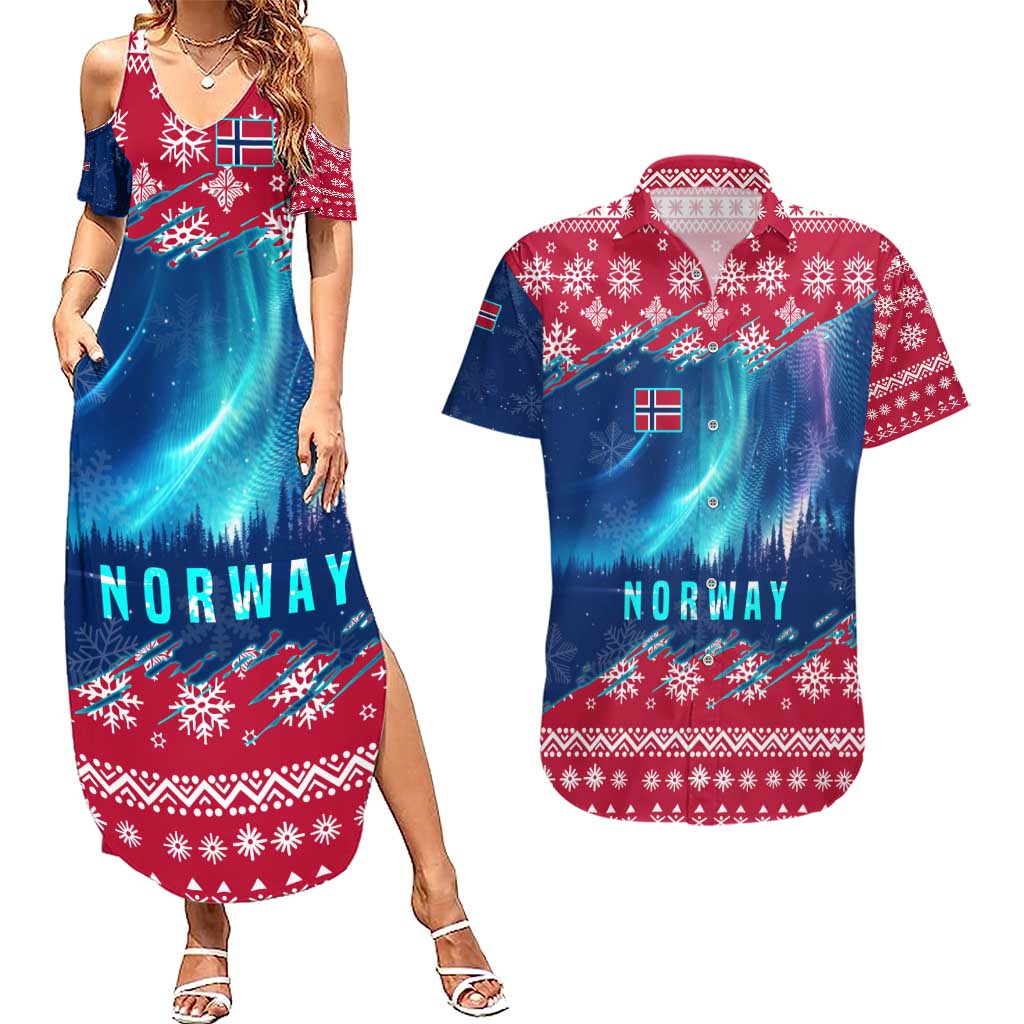 Norway Christmas Couples Matching Summer Maxi Dress and Hawaiian Shirt with Northern Lights Snowflake Pattern and Nordic Forest - Wonder Print Shop