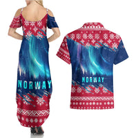 Norway Christmas Couples Matching Summer Maxi Dress and Hawaiian Shirt with Northern Lights Snowflake Pattern and Nordic Forest - Wonder Print Shop