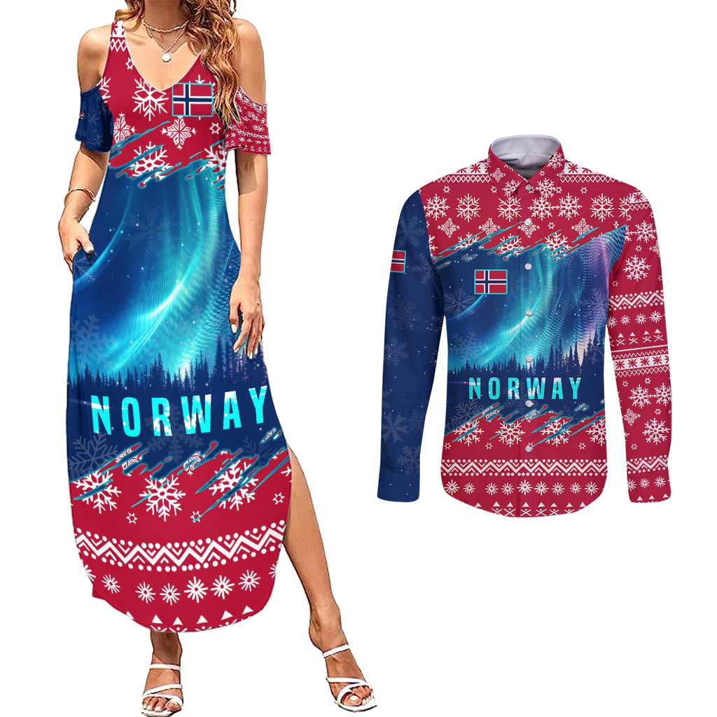 Norway Christmas Couples Matching Summer Maxi Dress and Long Sleeve Button Shirt with Northern Lights Snowflake Pattern and Nordic Forest - Wonder Print Shop