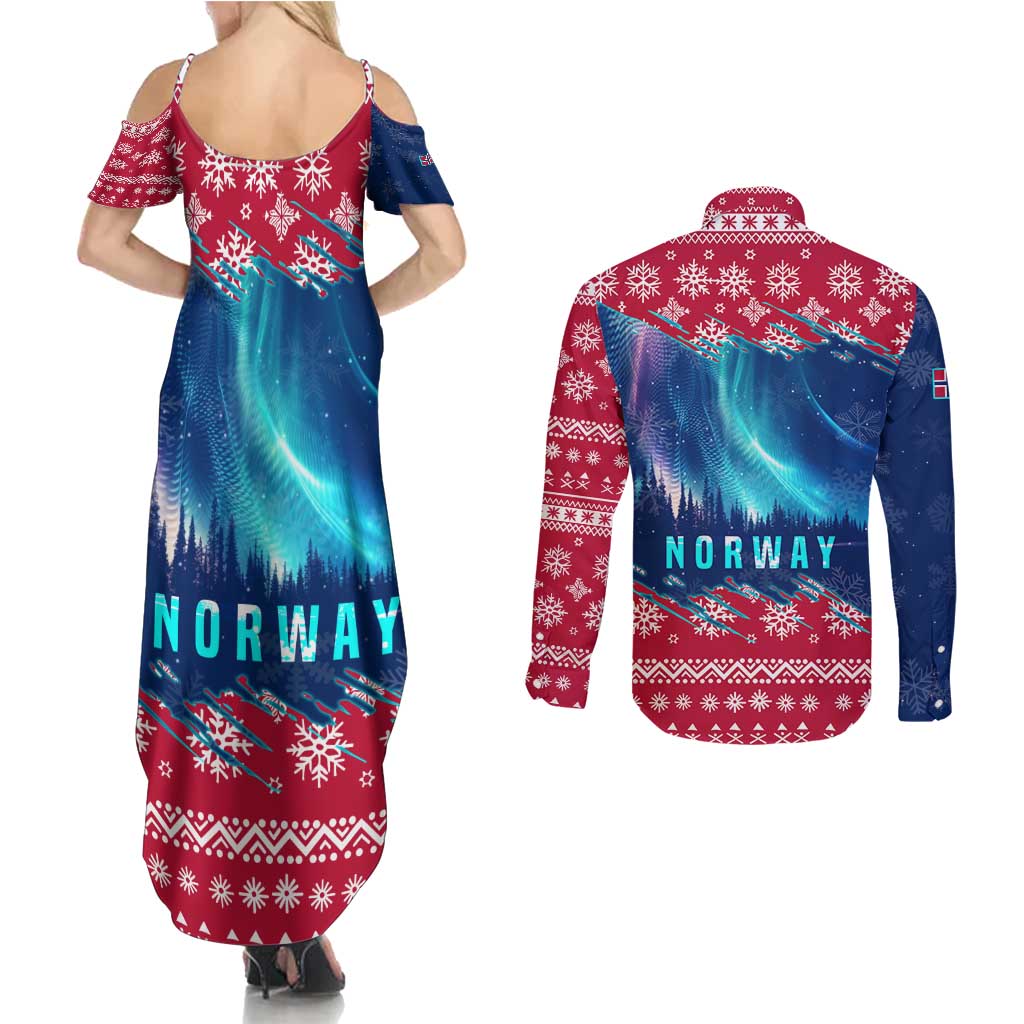 Norway Christmas Couples Matching Summer Maxi Dress and Long Sleeve Button Shirt with Northern Lights Snowflake Pattern and Nordic Forest - Wonder Print Shop