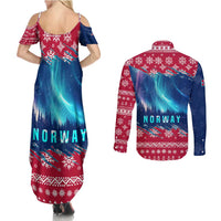 Norway Christmas Couples Matching Summer Maxi Dress and Long Sleeve Button Shirt with Northern Lights Snowflake Pattern and Nordic Forest - Wonder Print Shop